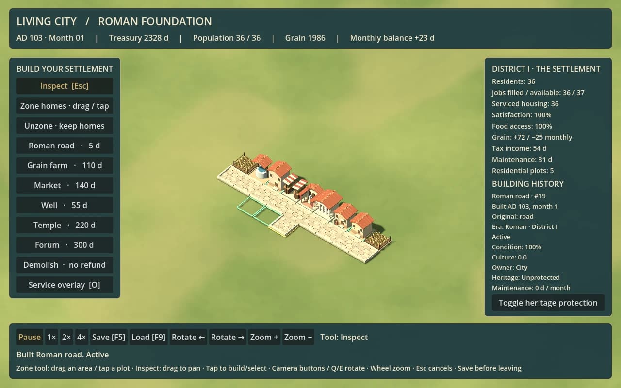 Actual Living City Roman prototype showing a small settlement, construction tools and district budget