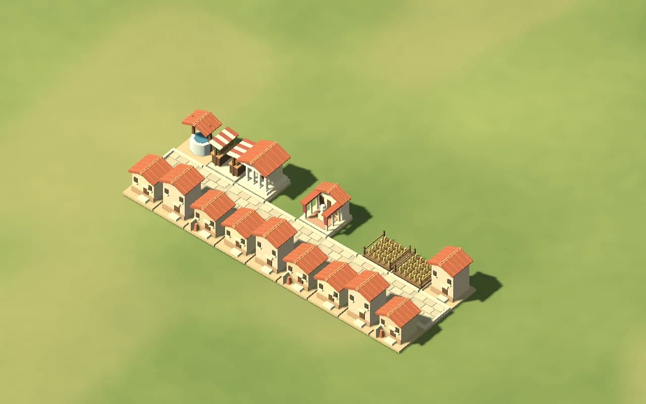 In-engine Roman houses with varied heights, tiled roofs and a columned temple beside a paved street