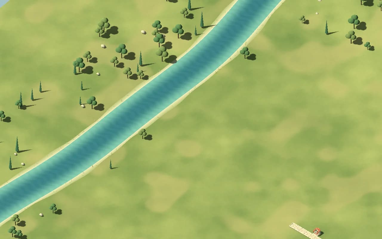 In-engine river with pale banks, reeds, olive trees and cypresses outside the settlement