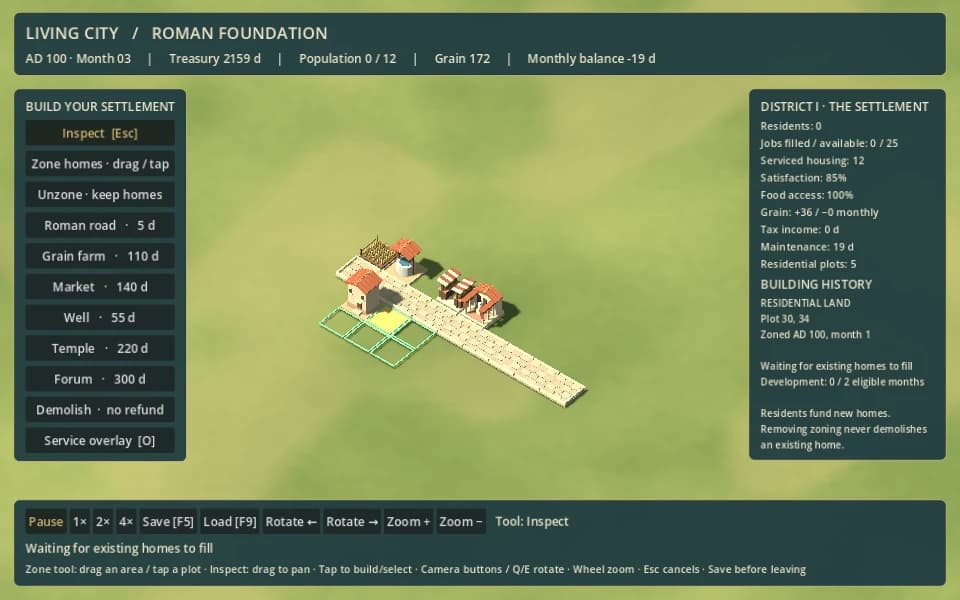 Actual Living City residential plots outlined in green beside a Roman road, with the selected plot explaining its development status